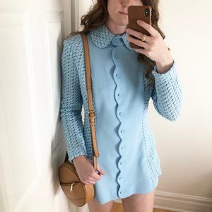 Stunning Vintage Union Made Light Blue Crochet Knit Scalloped Jacket Coat Dress